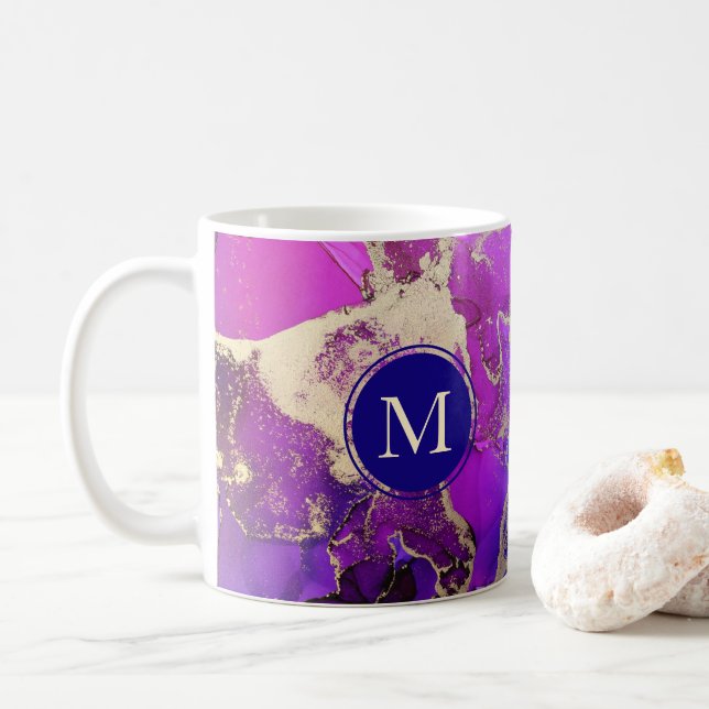 Celestial Purple Gold and Pink Abstract Coffee Mug (With Donut)