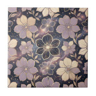 Celestial Purple Gold Floral Pattern Stars Galaxy Ceramic Tile