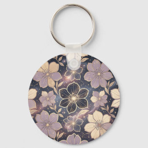 Celestial Purple Gold Floral Pattern Stars Galaxy Key Ring