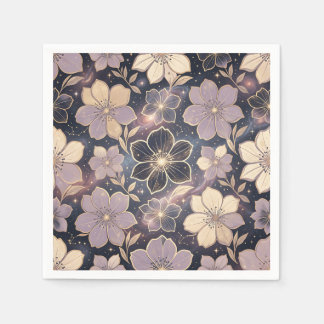 Celestial Purple Gold Floral Pattern Stars Galaxy Napkin