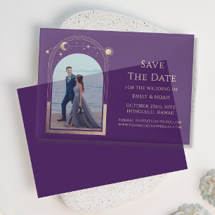 Celestial Purple Gold Photo Wedding Save The Date Vellum Invitations