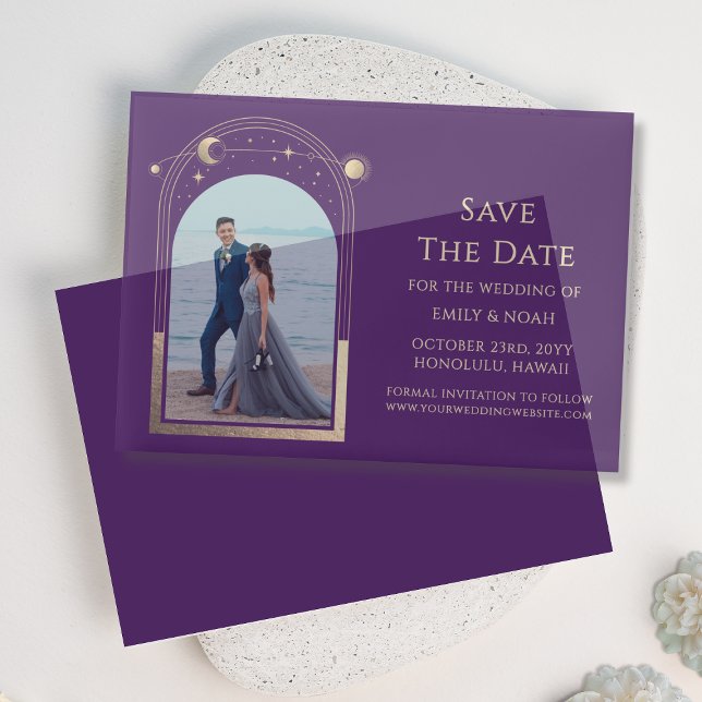 Celestial Purple Gold Photo Wedding Save The Date Vellum Invitations (Creator Uploaded)