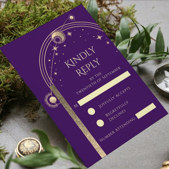 Celestial Purple Gold Sun Moon Stars Wedding RSVP Card (Creator Uploaded)