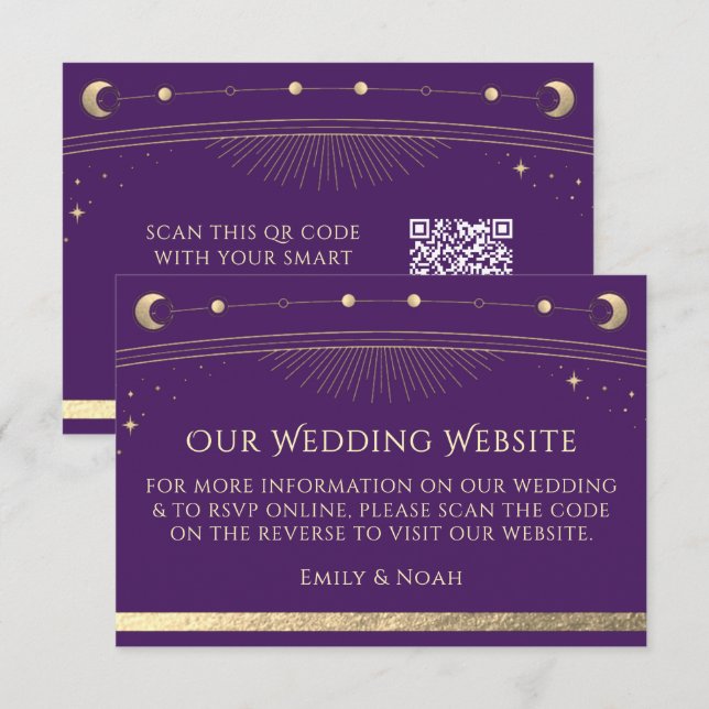 Celestial Purple Gold Wedding Website RSVP QR Code Enclosure Card (Front/Back)