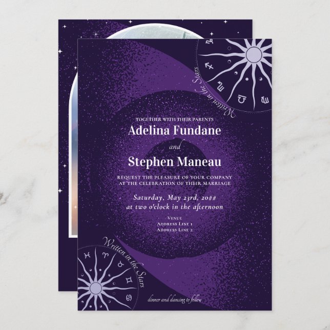Celestial Purple Mystical Horoscope Wheel Wedding Invitation (Front/Back)