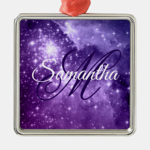 Celestial Purple Starry Sparkle Fancy Monogram Metal Ornament