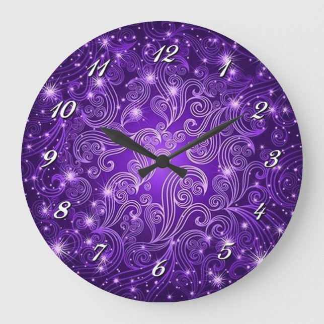 Celestial Purple Swirls & Stars Wall Clock (Front)