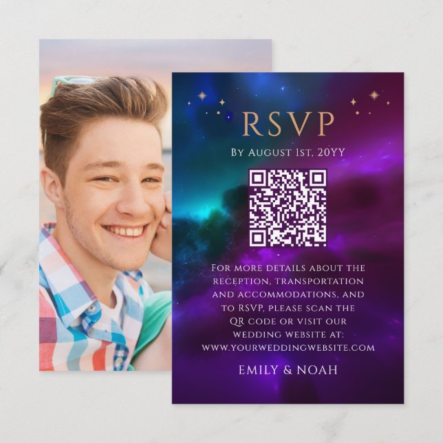 Celestial Purple Teal Budget QR Code RSVP Photo Enclosure Card (Front/Back)