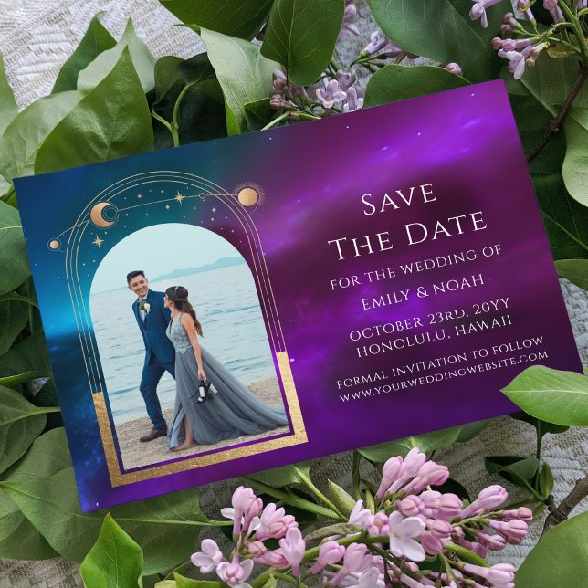 Celestial Purple Teal Gold Sun Moon Stars Save The Date (Creator Uploaded)
