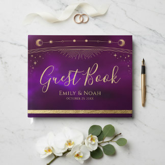 Celestial Purple Teal Gold Sun Moon Stars Wedding  Guest Book
