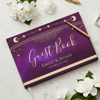 Celestial Purple Teal Gold Sun Moon Stars Wedding  Guest Book