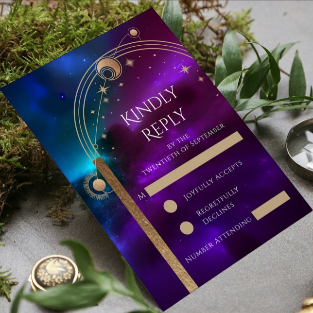 Celestial Purple Teal Gold Sun Moon Stars Wedding RSVP Card (Creator Uploaded)