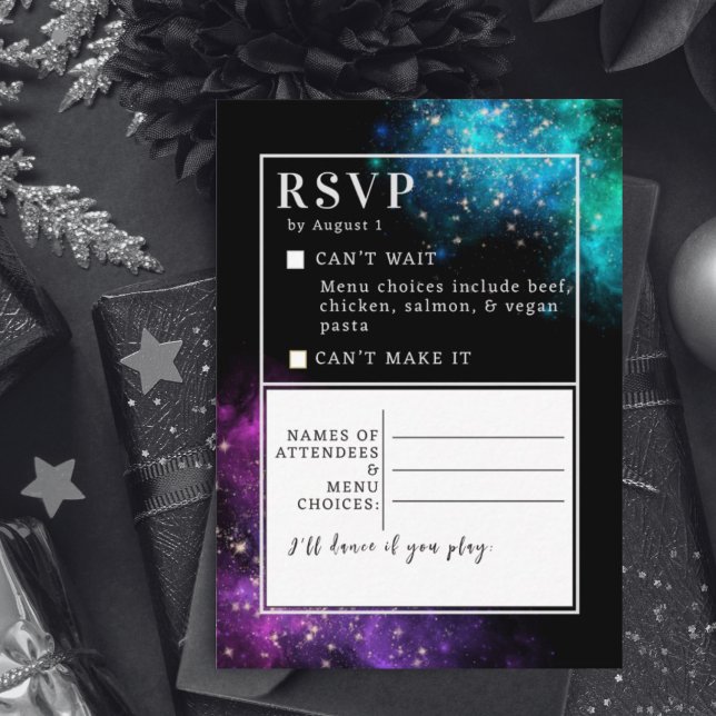 Celestial Purple Teal Nebula Stars Wedding RSVP No Card (Creator Uploaded)