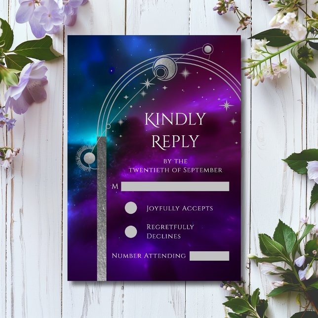 Celestial Purple Teal Silver Sun Moon Star Wedding RSVP Card (Creator Uploaded)