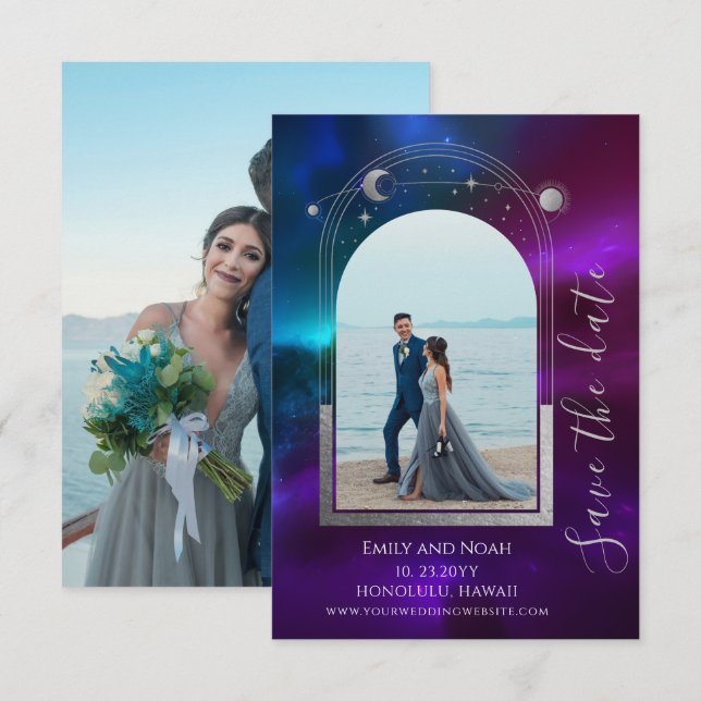 Celestial Purple Teal Sun Moon Save The Date (Front/Back)