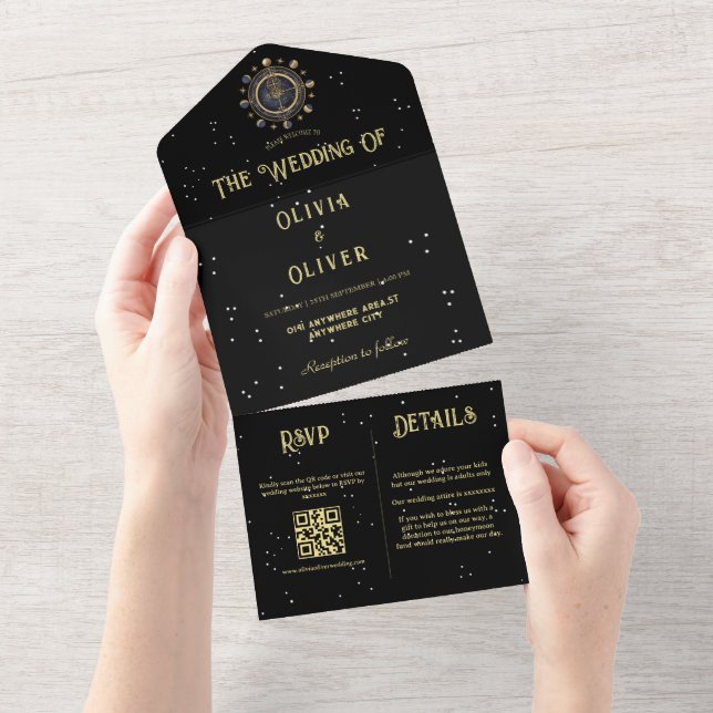 Celestial QR code astrology themed wedding  All In One Invitation (Tearaway)