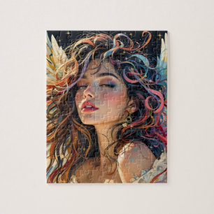 Celestial Radiance – Rainbow Winged Angel Portrait Jigsaw Puzzle