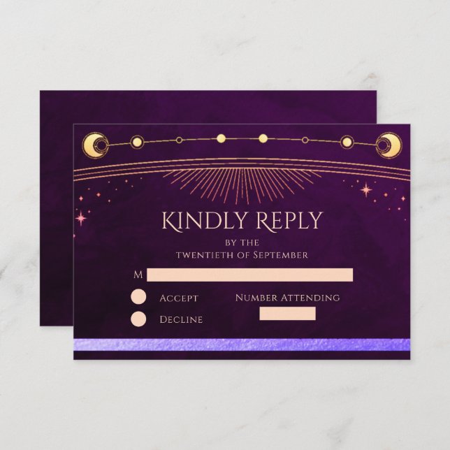 Celestial Rainbow Deep Plum Sun Moon Stars Wedding RSVP Card (Front/Back)