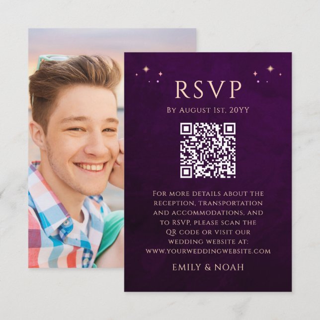Celestial Rainbow Plum Budget QR Code RSVP Photo Enclosure Card (Front/Back)