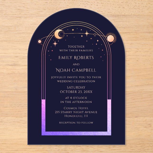 Celestial Rainbow Sun Star Moon Wedding Acrylic Invitations (Front)