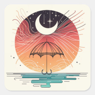 Celestial Rainfall in Boho Line Art Square Sticker