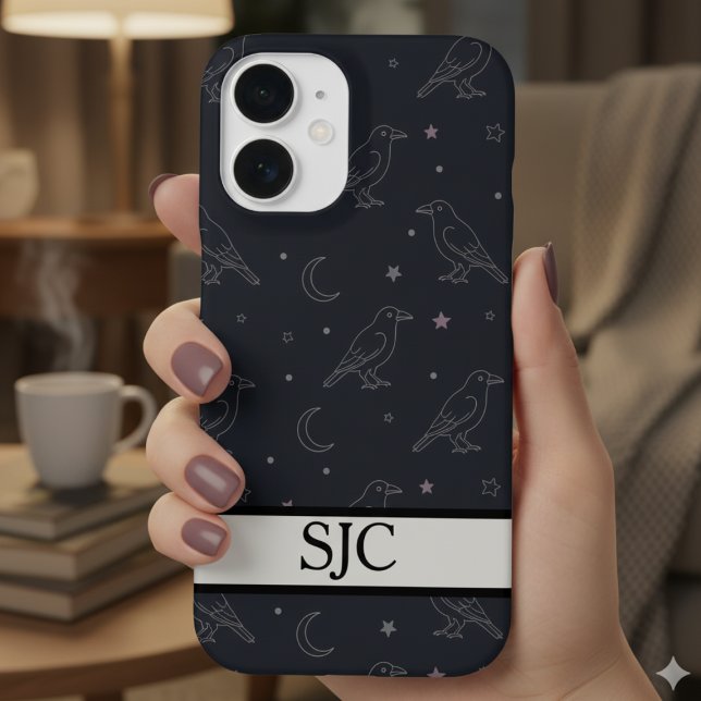 Celestial Raven Dark Academia Monogrammed iPhone 16 Case (Raven and moon monogram phone case)