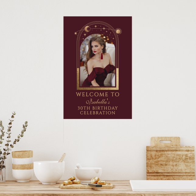 Celestial Red Gold 30th Birthday Welcome Poster (Kitchen)