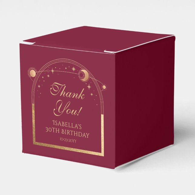 Celestial Red Gold Sun Moon Stars 30th Birthday Favour Box (Front Side)