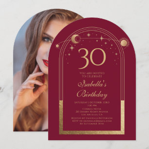 Celestial Red Gold Sun Moon Stars 30th Birthday Invitation