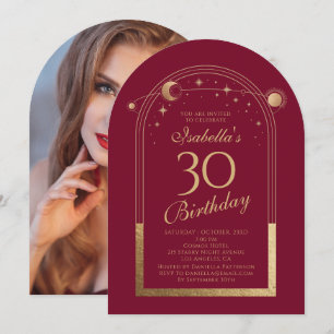 Celestial Red Gold Sun Moon Stars 30th Birthday Invitation