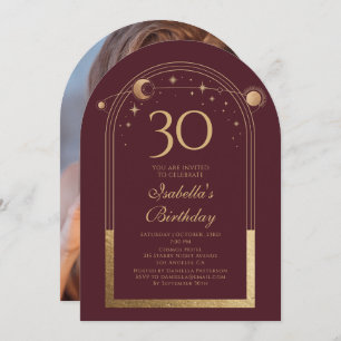 Celestial Red Gold Sun Moon Stars 30th Birthday Invitation