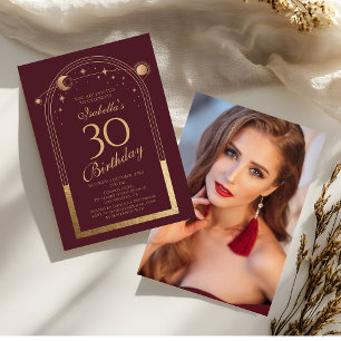 Celestial Red Gold Sun Moon Stars 30th Birthday Invitation