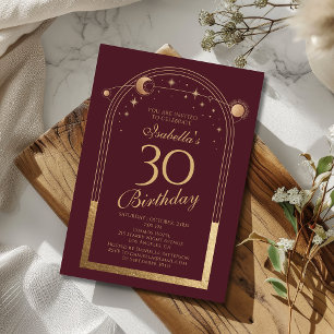 Celestial Red Gold Sun Moon Stars 30th Birthday Invitation