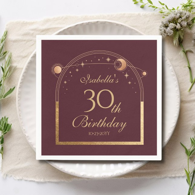 Celestial Red Gold Sun Moon Stars 30th Birthday Napkin (Creator Uploaded)