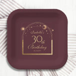 Celestial Red Gold Sun Moon Stars 30th Birthday Paper Plate<br><div class="desc">Celestial Red Gold Sun Moon Astronomy 30th Birthday Paper Plates features an elegant gold sun,  moon and stars with a golden frame on a deep pink-red background. Inside is your custom thirtieth birthday information. Personalise by editing the text in the text boxes. Designed for you by Evco Studio www.zazzle.com/store/evcostudio</div>