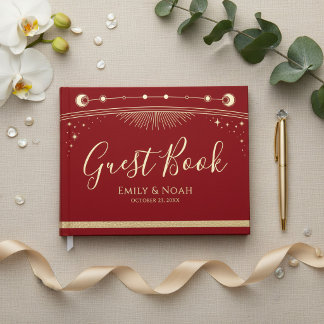 Celestial Red Gold Sun Moon Stars Wedding  Guest Book