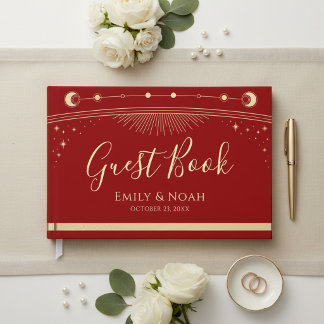 Celestial Red Gold Sun Moon Stars Wedding  Guest Book