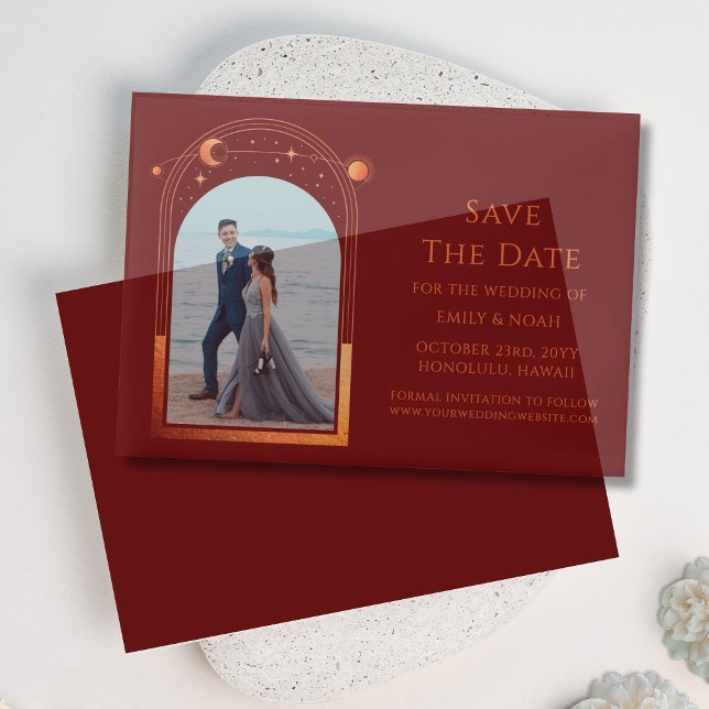 Celestial Red Orange Photo Wedding Save The Date Vellum Invitations (Creator Uploaded)