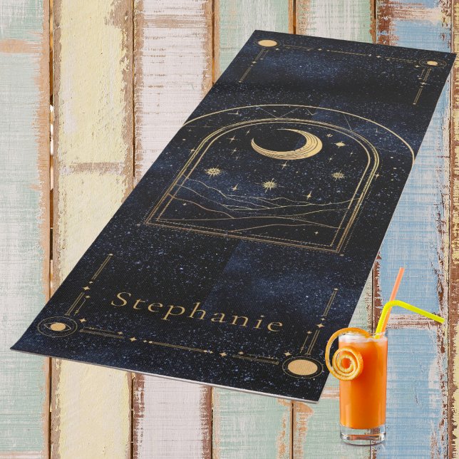Celestial Rising Moon Monogram Gold Glitter Navy Yoga Mat (Celestial Rising Moon Yoga Mat)