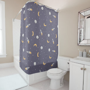Celestial Rocket Moon Stars Planet Pattern Shower Curtain