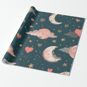 Celestial Romance Dreamy Moon & Stars Valentine Se Wrapping Paper