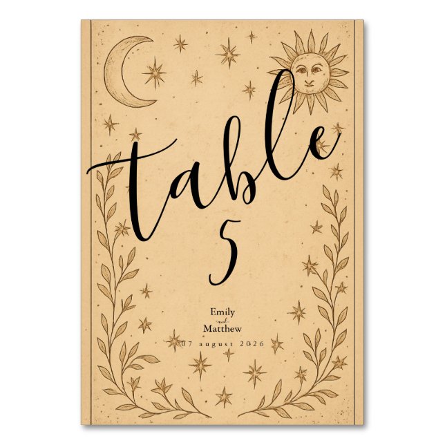 Celestial Romance Mystical Sun and Moon Design Table Number (Front)