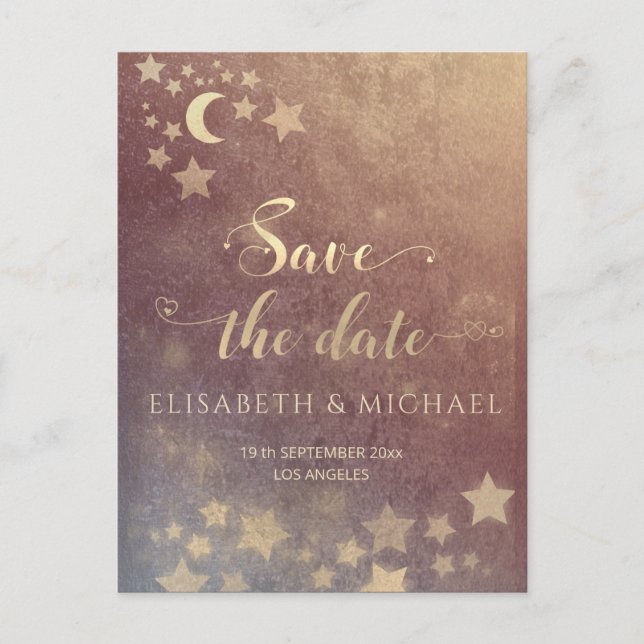 Celestial romantic moon and stars calligraphy anno announcement postcard (Front)