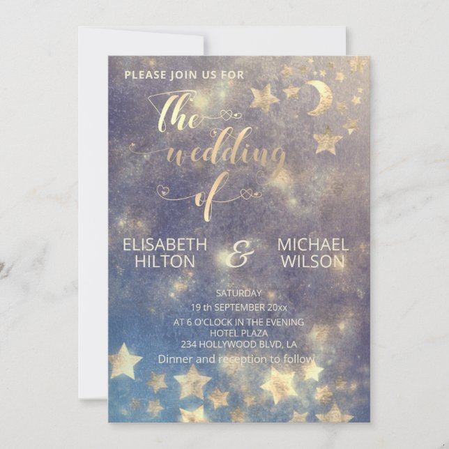 Celestial romantic moon and stars calligraphy gold invitation (Front)