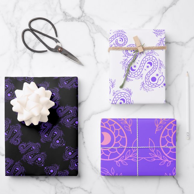 Celestial Serpent | Purple Snake Design Wrapping Paper Sheet (Front)