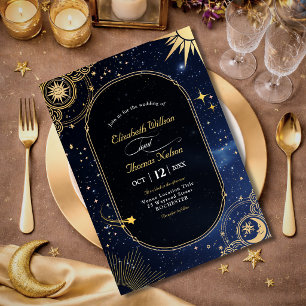 Celestial Shooting Star Blue Sun Moon Wedding Invitation