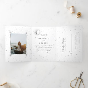 celestial silver moon tri fold wedding invitation