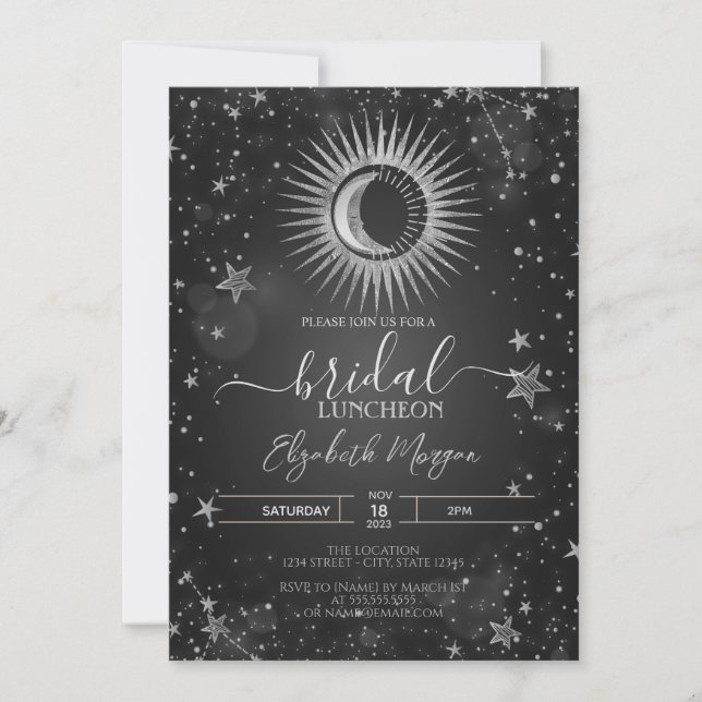Celestial Silver Sun,Moon,Stars Bridal Luncheon Invitation (Front)