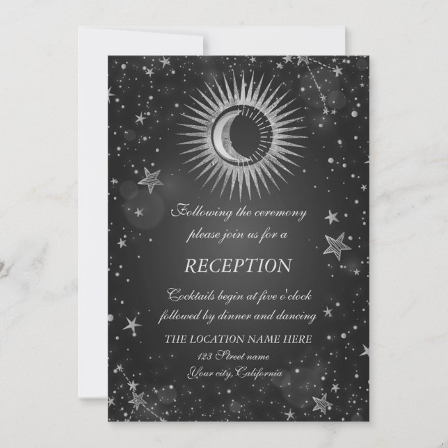 Celestial Silver Sun,Moon,Stars Dark Invitation (Front)