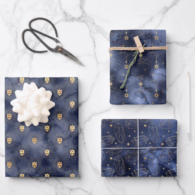 Celestial Skies Dark Navy and Gold Wrapping Paper  (Front)